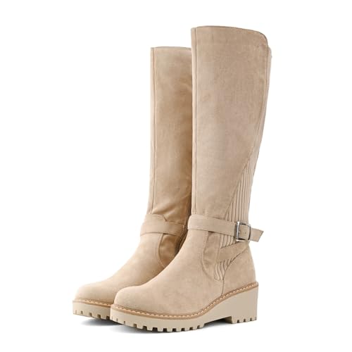 Women's Knee High Boots Tall Fall Wedges Round Toe Comfortable Size Zip with Fashion Buckles Platform Shoes for Women3