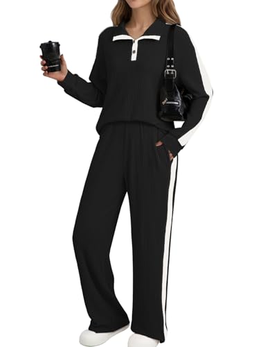 Pink Queen Womens 2 Piece Lounge Sets 2025 Fall Outfits Henley Neck Ribbed Striped Sweatsuits Matching Set