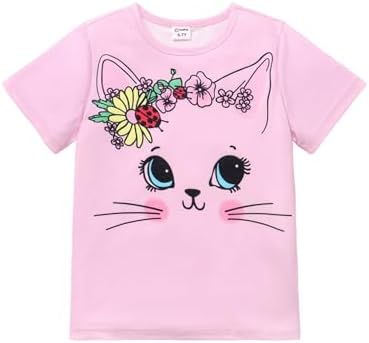 PATPAT Girls Shirts Size 5-6 Pink Cat Print Graphic Tees, Girls Cat Shirt, Crew Neck Short Sleeve Pink Tops Fashion Clothes Cute Outfits Cute Tops