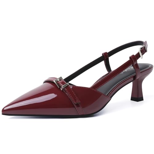 Image of Mostrin Kitten Heels for Women Pointed Toe Pumps Patent Leather Low Heel Slingback Heels with Buckle Dress Shoes for Dating Party Working