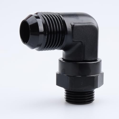 Image of AC PERFORMANCE Black Aluminum 90 Degree -10 AN Male Flare to -8 AN ORB O Ring Port Thread 3 /4 x 16 Swivel Fitting Adapter