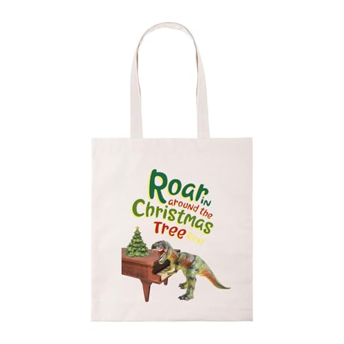 Taylor Brown Roaring around the xmas tree t-rex dinosaur tote bag cotton shopper shopping bags reusable christmas festive novelty cute cool funny fun joke humour comedy