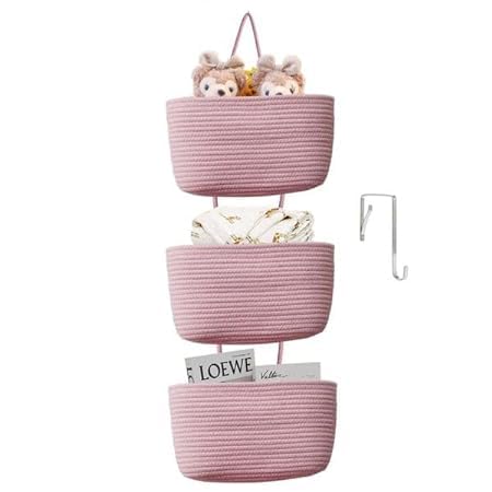 MVD Decor Jute Over The Door Hanging Basket, 3-Tier Wall Mount Hanging Basket Organizer Decorative Hanging Storage Basket for Living Room, Bathroom, Kitchen and Bedroom (Pink)