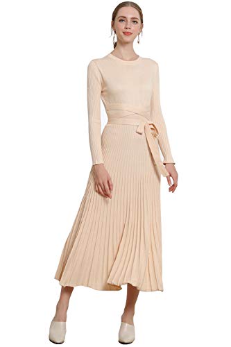 Image of Women's Long Sleeve Sweater Dress Ankle Length Fall Dress Vneck Knit Winter Dress