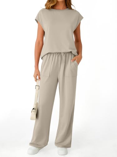 AUTOMET Women's 2 Piece Lounge Set Casual Cap Sleeve Top Wide Leg Pants Summer Vacation Outfits2