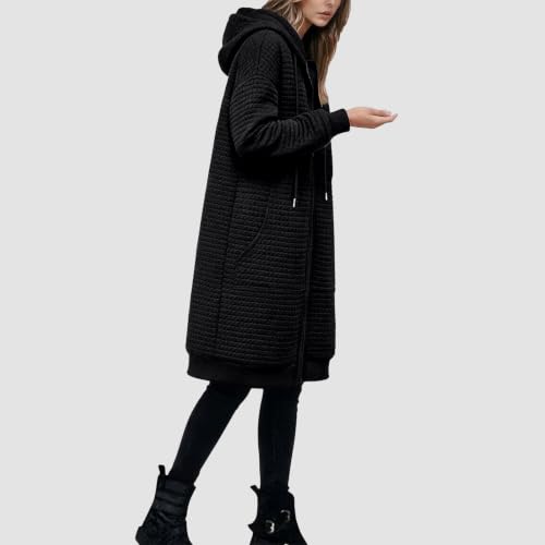 GOSEAGOTOFUN Long Hoodies for Women Waffle Knit Zip Up Hoodie Lightweight Long Sleeve Hooded Sweatshirts Casual Fall Outfits 01-Black Large - image 4