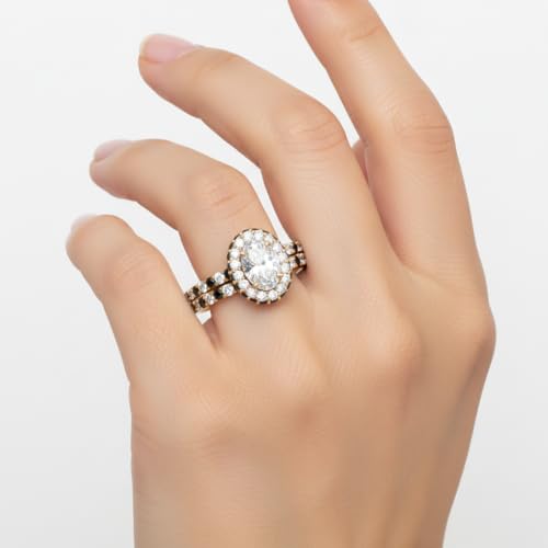 Image of Choose Your Gemstone Oval Halo Rollover Diamond CZ Wedding Ring Yellow Gold Plated Oval Shape Wedding Ring Sets Matching Jewelry Wedding Jewelry Easy to Wear Gifts US Size 4 to 12