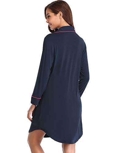 Lusofie Nightshirt for Women Long Sleeve Nightgown Button Up Boyfriend Style Sleep Shirt (Navy Blue,XXL)