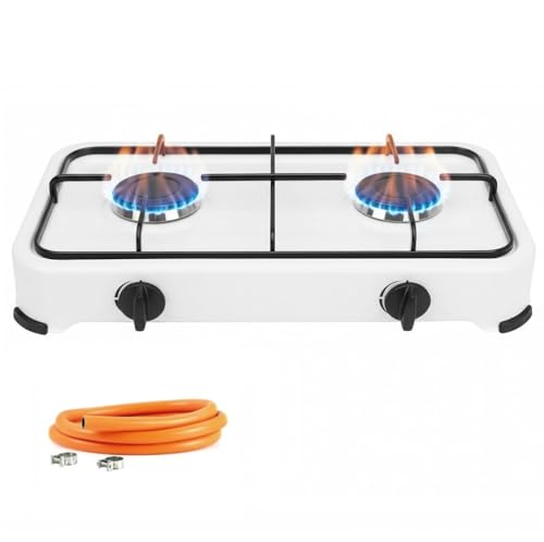 Cocina Hornillo de gas portatil para camping y exterior con 2 quemadores, placa de gas, manguera de presión para butano incluido.