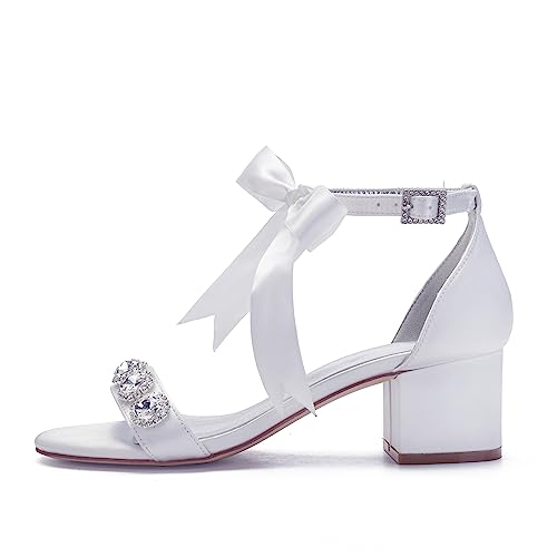 Women's Low Block Heels Sandals Peep Toe Chunky Ankle Strap Crystal Wedding Dress Shoes with Bow2