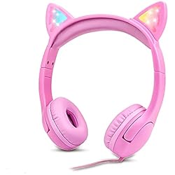 Audífonos De Gatito Con Micrófono Olyre Auriculares para niñas con LED Light Up Cat Ears 85db Protección auditiva Niños Auriculares 3.5mm Jack sobre la oreja - Rosa