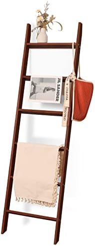 HYBDAMAI Blanket Ladder, 6-Tier Wooden Quilt Stand, Decorative Ladder Shelf, Leaning Shelf, Wall Leaning Blanket Ladder Towel Storage Rack for Living Room Bathroom, Bedroom, Bathroom (Brown)