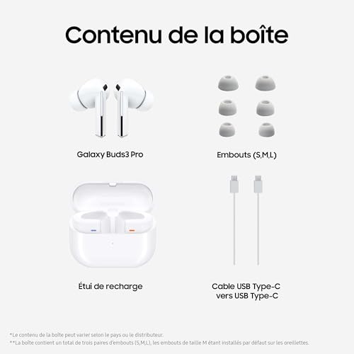 Samsung Galaxy Buds3 Pro, Écouteurs sans Fil, Réduction Active de Bruit, Bluetooth, Blanc, Audio 360, Galaxy AI, Chargeur Secteur Inclus, (Version FR) [Exclusivité Amazon]