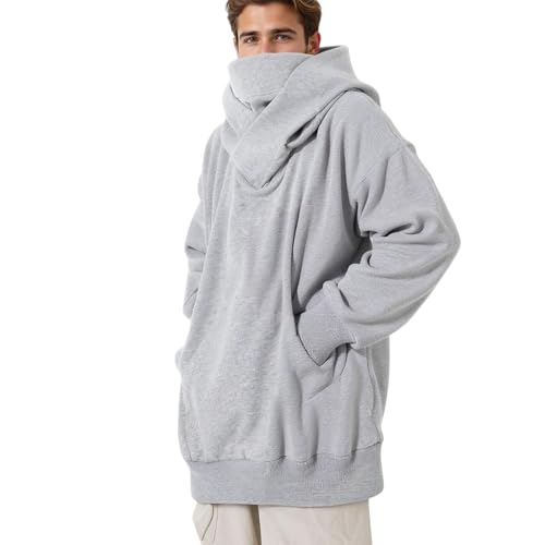 Mens Hooded Sweatshirt Face Mask Long Sleeve Solid Color Cotton Shirt Cold Weather Street Strolls Tops with Pocket Plus Size