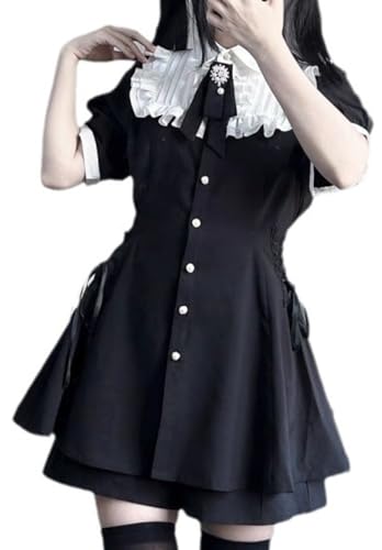 Lindo Vestido de Lolita Dulce de Gasa de Manga Larga para Mujer Harajuku Kawaii Corbata de Encaje Estilo Universitario diseño Princesa Vestidos Cortos (Negro,M)