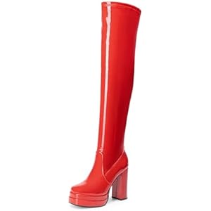 DREAM PAIRS Women's Platform Over The Knee Thigh High Boots Chunky High Heels Square Toe Long Fall Y2K Gogo Boots 7 Red-pat