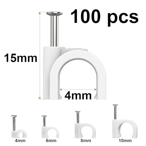 100 Stück Kabelschellen,Nagelschellen,Kabel Befestigungen,Cable Clamp,Kabelklemmen Nagel,Kabelklemmen Wand,Kabelhalter Decke,Kabelschellen Nagelschellen,Mit Nagel,für Kabel,Weiß (4mm)