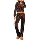 Womens Two Piece Velour Outfits Long Sleeve Zipper Front Hoodie Cargo Workout Pants 2 Piece Velvet Fleece Tracksuit for Women Ladies Wide Leg Sports Set with Pocket Solid Vacation Travel Loungewear