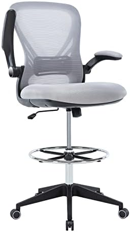 Hramk Office Drafting Chair with Flip-up Arms, Tall Office Chair for Standing Desk, Extended Height Desk Chair with Foot Rest (Grey)