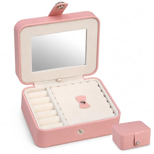 Image of Portable Jewelry Box Organizer for Women - Travel Jewelry Storage Case with Mirror, Rings Compartment, Earrings Slots, Chain Slots & Removable Divider | PU Leather Mini Jewellery Box | Pink