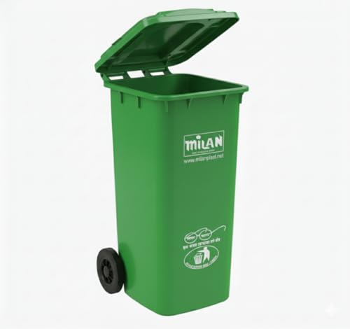 Image of Milan Plastic Manual-Lift Garbage Waste Dustbin with Wheels 120 Ltr Green