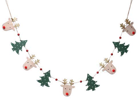 Gisela Graham Christmas Garland - Wooden Deer Head and Trees String, Red, Green