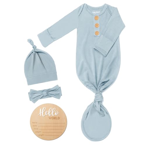 Image of Soft Baby Knot Gown 0-3 Months, Newborn Announcement Sleepers With Mitten Cuffs and Personalized Wooden Name Tag