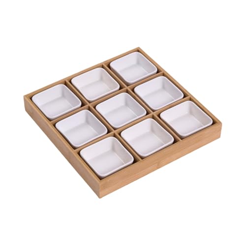 MORLU お皿 小皿セット和風 小皿 竹トレイ 陶器 前菜皿 盛り鉢 深型 仕切り付き 天然木 9点小鉢 醤油皿 前菜皿 盛り鉢 和食器 セラミック アイスクリーム ソース皿 火鍋 焼肉屋 寿司屋 食洗機 (9つの正方形のグリッド+9つの白いセラミックプ
