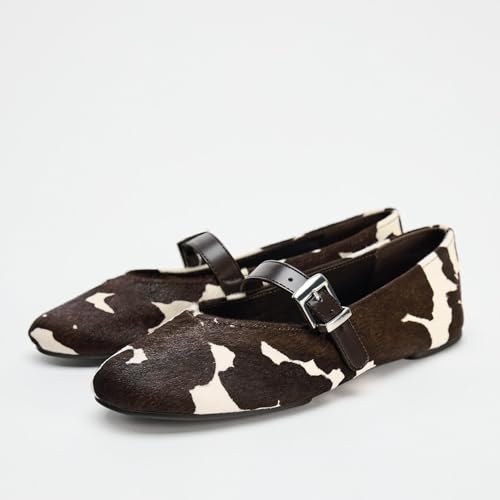 Leopard Ballet Flats for Women Animal Cow Print Round Toe Mary Jane Flats Silver Buckle Comfortable Ballerina Shoes2