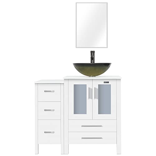 New Product eclife 36’’ Bathroom Vanity Sink Combo White W/Side Cabinet Vanity Round Tempered Glass Vessel Sink & 1.5 GPM Water Save Faucet & Solid Brass Pop Up Drain, with Mirror (Contemporary/A12B11W)