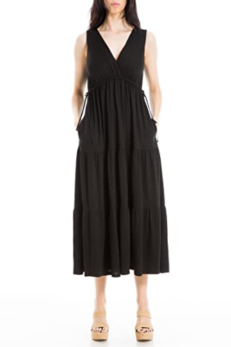 Max Studio Women's Sleeveless V Neck Maxi Tiered Dress, Black-0T73, Large