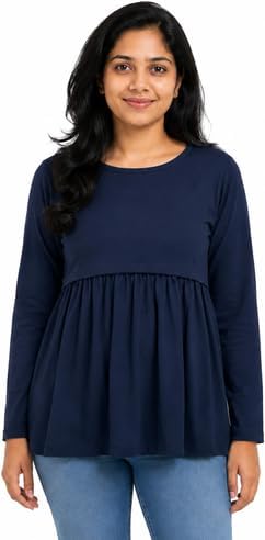 Women Lycra Cotton Maternity Feeding Top, Full Sleeve Nursing Top for Pregnancy & Postpartum, Soft Stretchable Round Neck Baby Feeding Wear Navy Top-image-16
