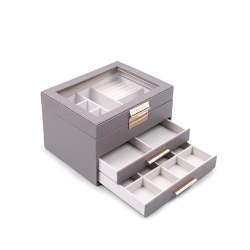 Image of BucketList Luxury PU Leather Jewellery Organizer Box with Glass Top | Multi-Drawer Jewelry Storage Case with Ring Slots & Compartments | Elegant Lockable (2 Drawers Jewellery Box (Grey))