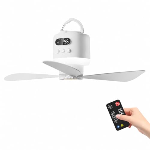 15600 mAh Camping Ventilator Batteriebetrieben Deckenventilator Akku mit Beleuchtung Camping USB Wiederaufladbar mit Fernbedienung C-amping Ventilator Akku für Angeln Wandern Outdoor (white)