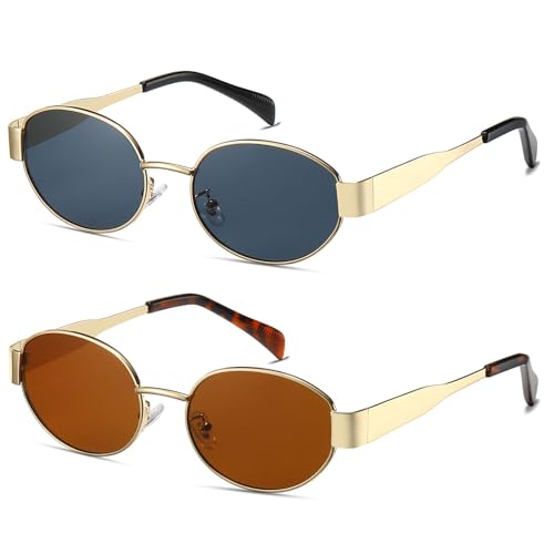 Hanj Trendy Oval Vintage 90s Sunglasses for Women Men, Retro Sun Glasses, Classic Shades UV Protection (Gold Duo Pack: Grey & Brown)