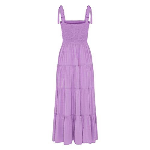 Image of kinstell Women's Summer Boho Spaghetti Strap Square Neck Ruffle Casual Flowy Long Dress Beach Swing Party Maxi Dress