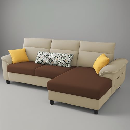Image of Casaliving Seams RHS 4 Seater L Shape Sofa for Living Room (Cream Brown Fabric) Premium Fabric Sofa