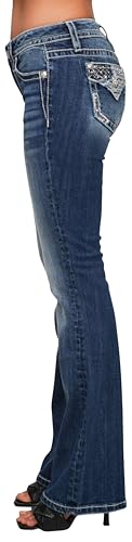 Miss Me Women's Star Spangled Chic Mid Rise Bootcut Jeans with Faux Flap Pockets3