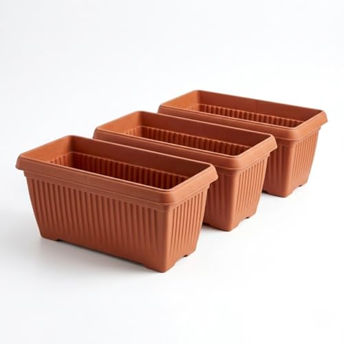 Image of Bello Rectangle 30cm Terracotta Plastic Planter | Rectangular Flower Pot for Home & Garden (Pack of 3)