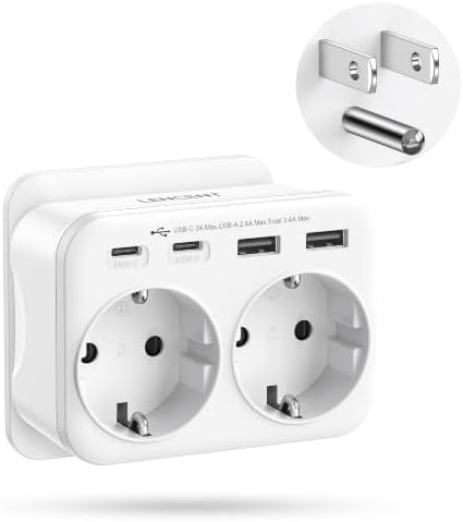 LENCENT Adapter USA Deutschland Stecker, USA Adapter Steckdose Netzadapter | Reisestecker mit 2 USB-C&2 USB-A, Typ B Reiseadapter für American, Mexiko, Kanada, Thailand, Costa Rica