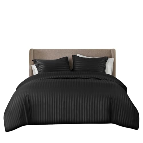 Opulent Dreams Parure de lit à rayures en microfibre ultra douce - avec Housse de Couette et 2 taies d'oreiller (noir, Super King (260 x 220 cm & (2) 50 x 75...