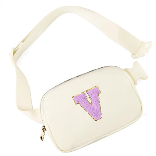 Image of Gitus Gifts for 8 9 10 11 12 Year Old Girls Belt Bag Fanny Pack Crossbody Bags with Initial Letter Patch Cute Stuff Birthday Gifts for Teen Girls Women Personalized Trend Stuff (Ivory-V)