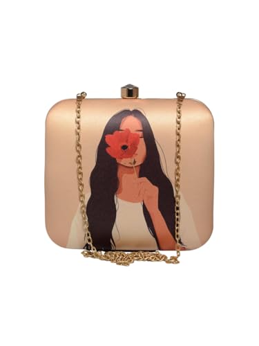 Artklim Women’s Portrait Printed Clutch Bag | Stylish Ethnic Ladies Evening Handbag for Party, Casual, Bridal and Wedding Use | Box Style Clutch Purse with Detachable Metal Chain Strap (Beige)