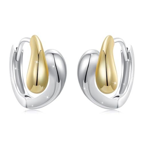 WOSTU 14K Gold Plated Two-Tone Oval Hoop Earrings for Women, Water Drop Design Lightweight Huggie Earrings,925 Sterling Silver Posts Double Drop Chunky Hoops Hypoallergenic Ear Buckles