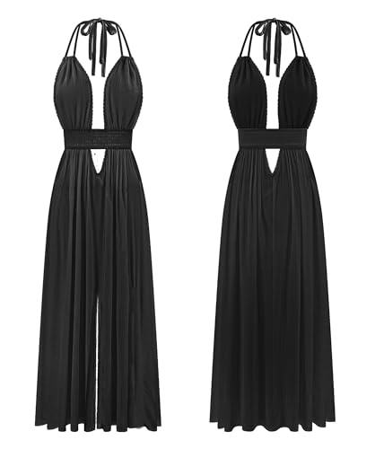 Image of R.Vivimos Boho Maxi Dresses for Women 2026 Summer Sleeveless Halter Elastic Waist Sexy Backless Front Slit Flowy Long Dresses