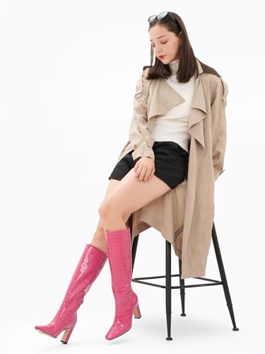 Knee High Boots Women Black Long Boots Slip on Tall Boots Chunky High Heel Square Toe Crocodile Pattern Leather Boots with Side Zipper for Ladies Sexy3