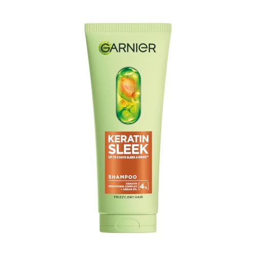 Garnier Keratin Sleek Shampoo for Dry Hair Prone to Frizz Up to 3 Days of Sleek & Shine with 4% Keratin Smoothing Complex and Argan Oil Shiny Hair Shampoo 200ml
