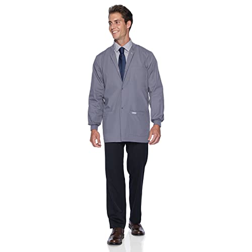 Landau Essentials Relaxed Fit 5-Pocket Snap-Front Scrub Jacket For Men 7551, Steel Grey, Large #TOP3