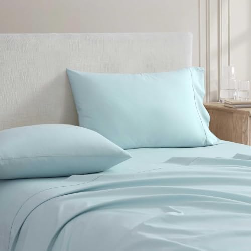 Image of Martha Stewart - Full Size Sheets Set, Crisp & Tailored Cooling Sheets w /a Naturally Smooth Cotton Percale Lightweight Feel - Bed Sheets with Matching Pillowcases & Fitted Sheet (Skylands Solid Blue)