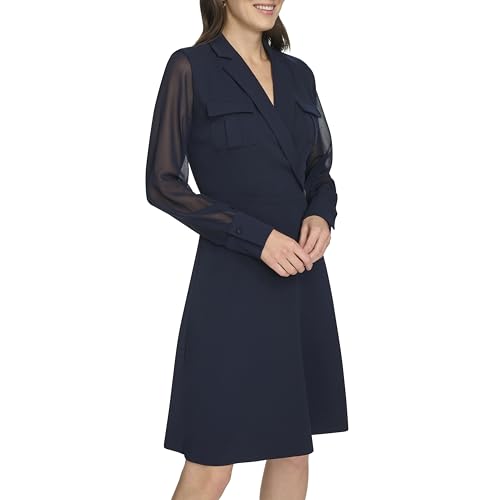 Image of Calvin Klein Women's Long Chiffon Sleeve Collared Surplice Neck Crepe Mini Dress